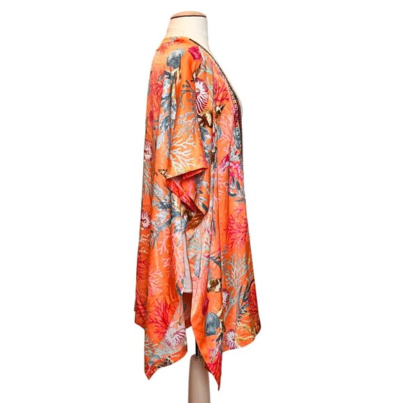 Chicos Kimono Cover Up L / XL Orange Coral Reef Resort‎ Nautical Sea Pockets - Picture 4 of 8